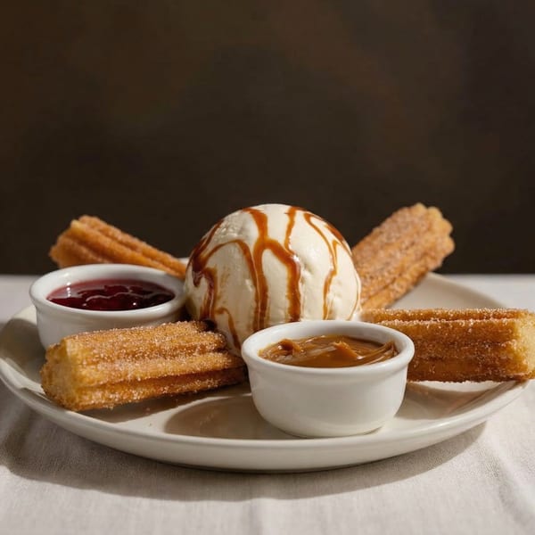 Churros with a scoop of vanilla ice cream drizzled with caramel, and two dipping sauces.