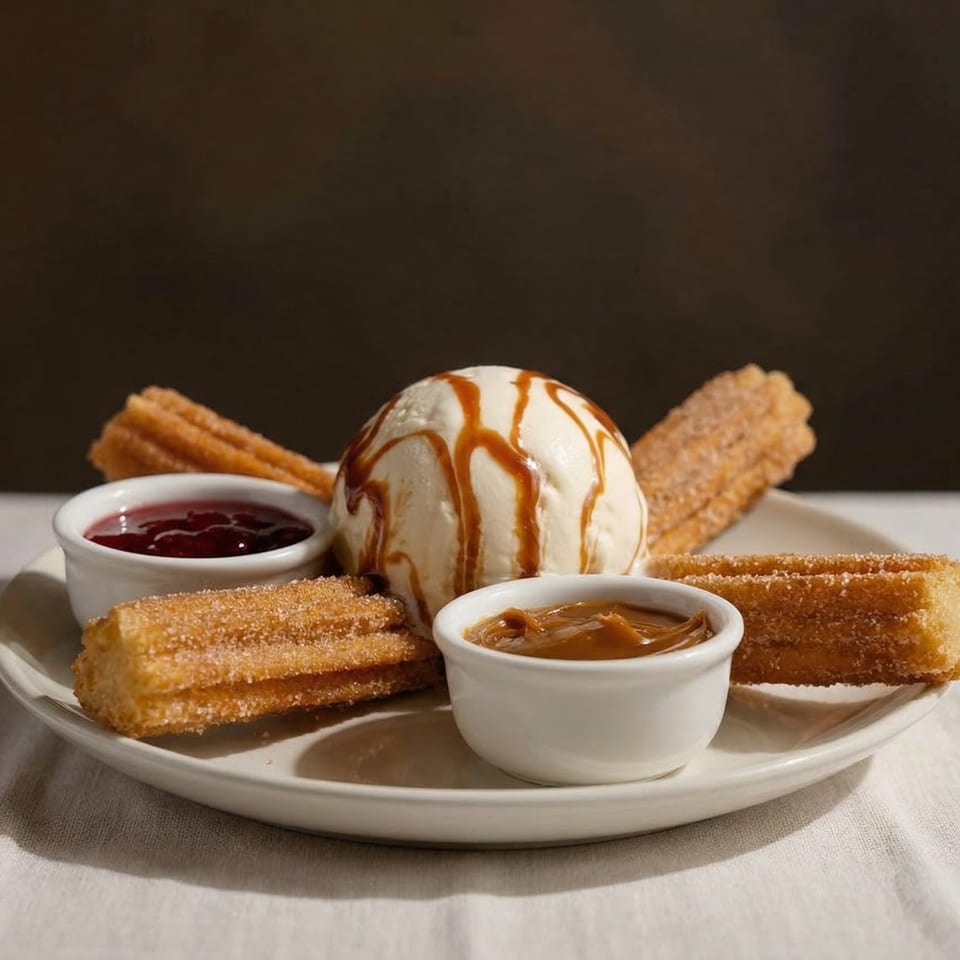 Churros with a scoop of vanilla ice cream drizzled with caramel, and two dipping sauces.