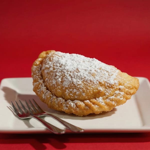 A golden-brown, powdered sugar-dusted empanada on a white plate with two forks against a red background.