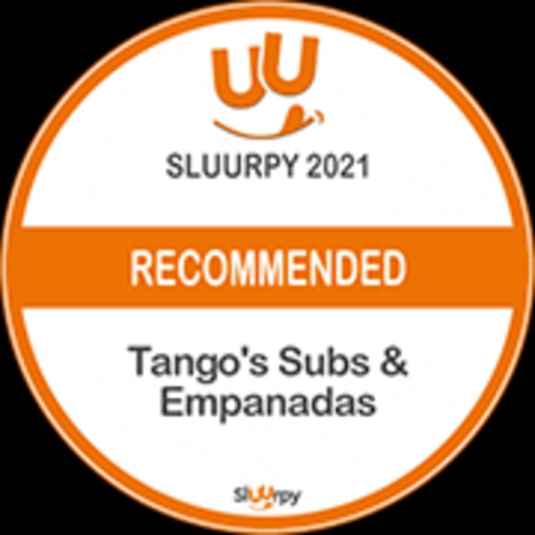 Sluurpy 2021 Recommended badge for Tango's Subs & Empanadas, an orange and white circular logo.
