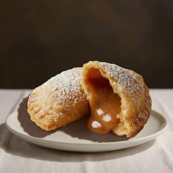 Two dulce de leche empanadas, one split open with caramel oozing out, on a white plate.
