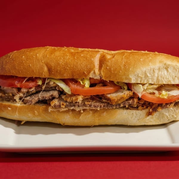 A large Latin-American steak sandwich with lettuce and tomato on a white plate against a red background.