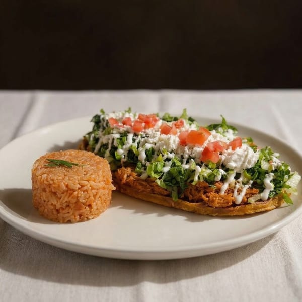A Latin-American dish with shredded chicken, lettuce, cheese, and tomatoes, served with a side of rice.