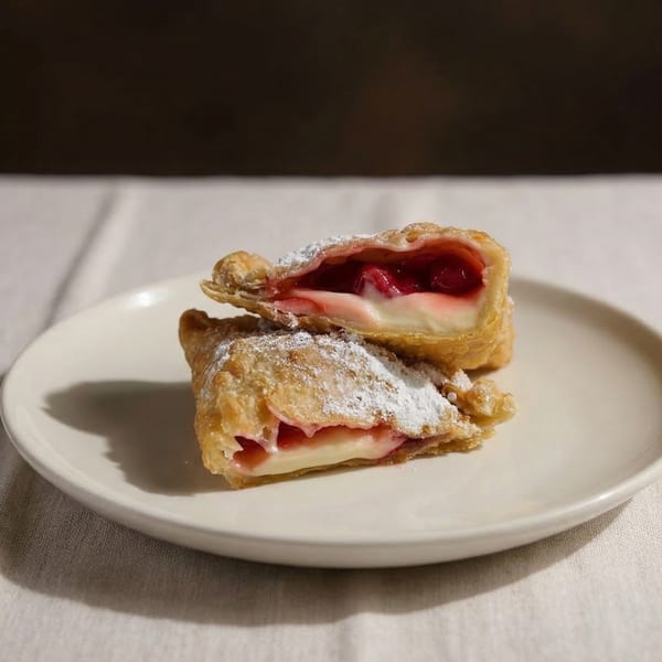 Two Tango's Empanadas, cut open to reveal cherry and cream cheese filling, dusted with powdered sugar.