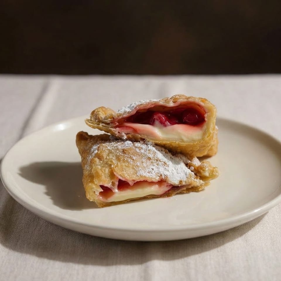 Two Tango's Empanadas, cut open to reveal cherry and cream cheese filling, dusted with powdered sugar.
