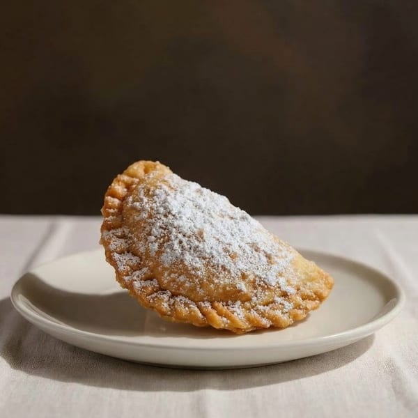 A golden-brown empanada, dusted with powdered sugar, rests on a white plate.