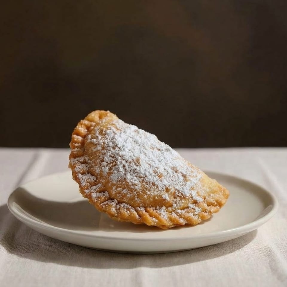 A golden-brown empanada, dusted with powdered sugar, rests on a white plate.